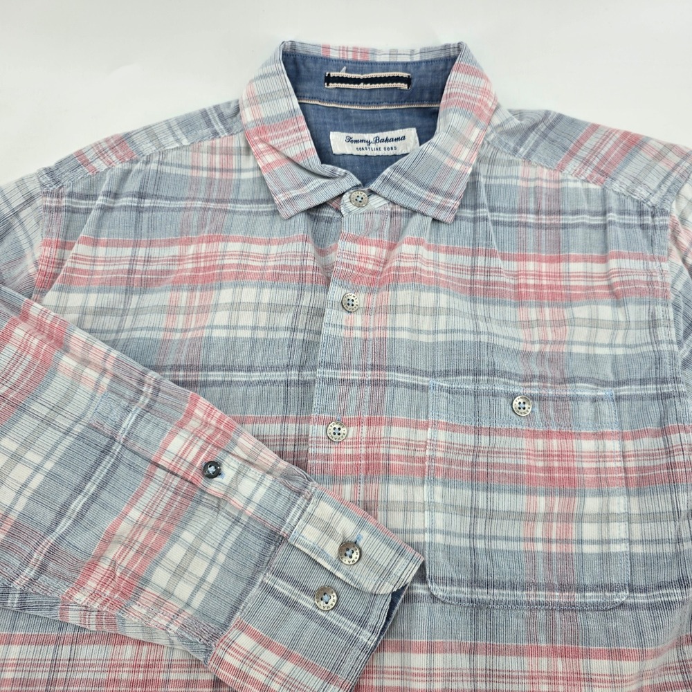 Tommy Bahama Coastline Cord Shirt Mens Plaid Cotton Blue Pink M